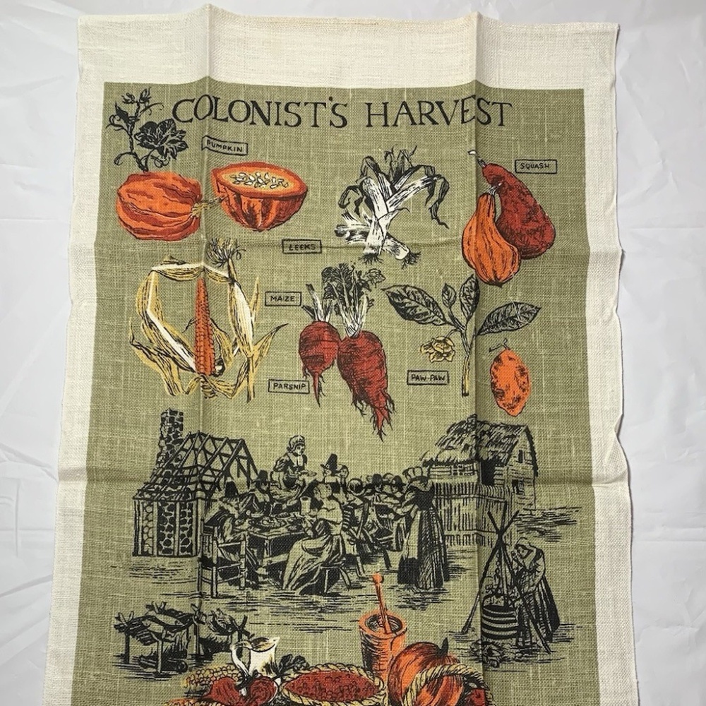 Vtg Kay Dee Handprints Thanksgiving Colonist's Harvest Linen Kitchen Tea Towel